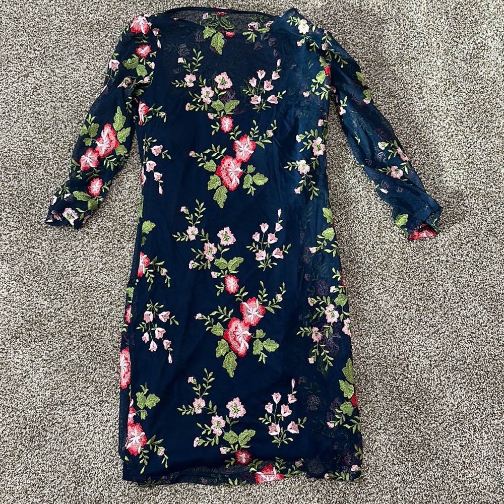 Lulus navy long sleeve dress. Embroidered flowers on mesh. Padded mini dress